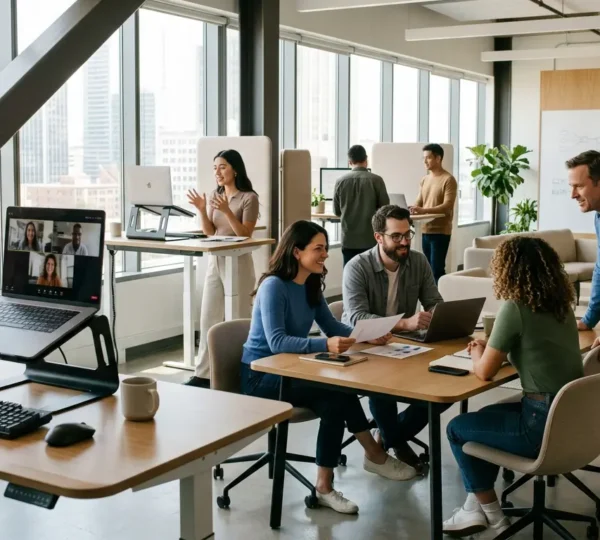 Professionisti che collaborano in un ambiente di lavoro ibrido con tecnologia e spazi ergonomici