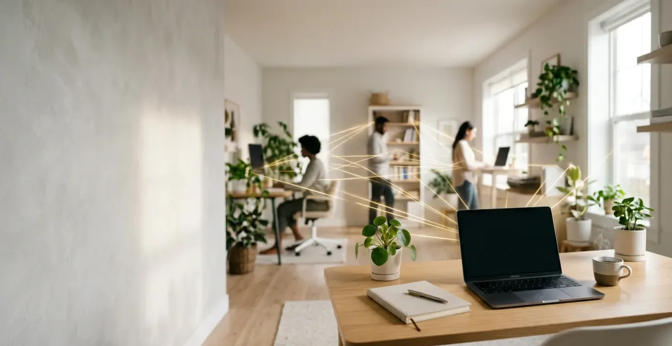 Team distribuito che collabora attraverso schermi multipli in ambienti diversi, mantenendo alta la qualità formativa