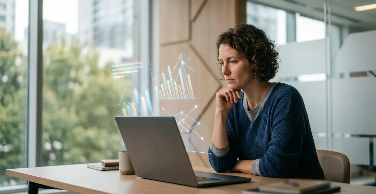 Professionista del marketing digitale analizza dati di conversione su dashboard interattivo