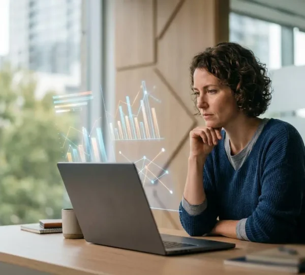 Professionista del marketing digitale analizza dati di conversione su dashboard interattivo