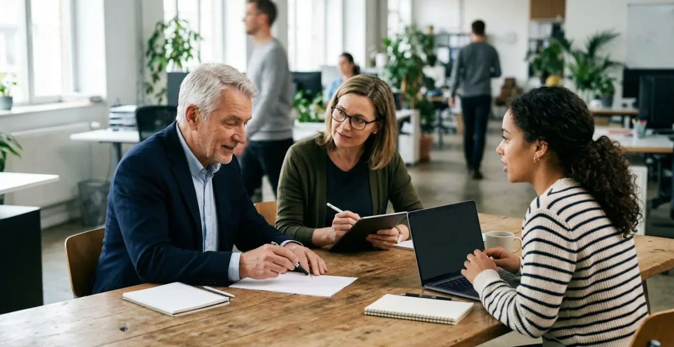 Un ambiente di lavoro che mostra tre generazioni di dipendenti intorno a un tavolo collaborativo con strumenti digitali e tradizionali