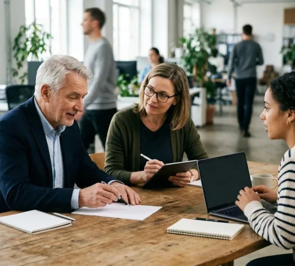 Un ambiente di lavoro che mostra tre generazioni di dipendenti intorno a un tavolo collaborativo con strumenti digitali e tradizionali