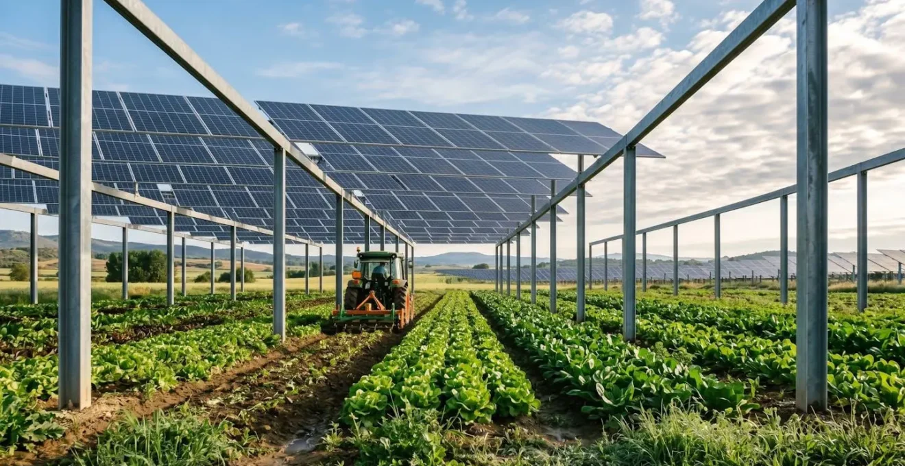 Sistema agrivoltaico con coltivazioni sotto pannelli solari rialzati