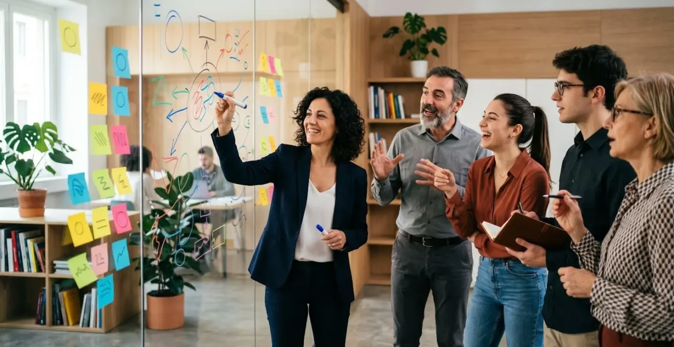 Team di professionisti in riunione creativa con elementi astratti di ideazione visibile nell'ambiente