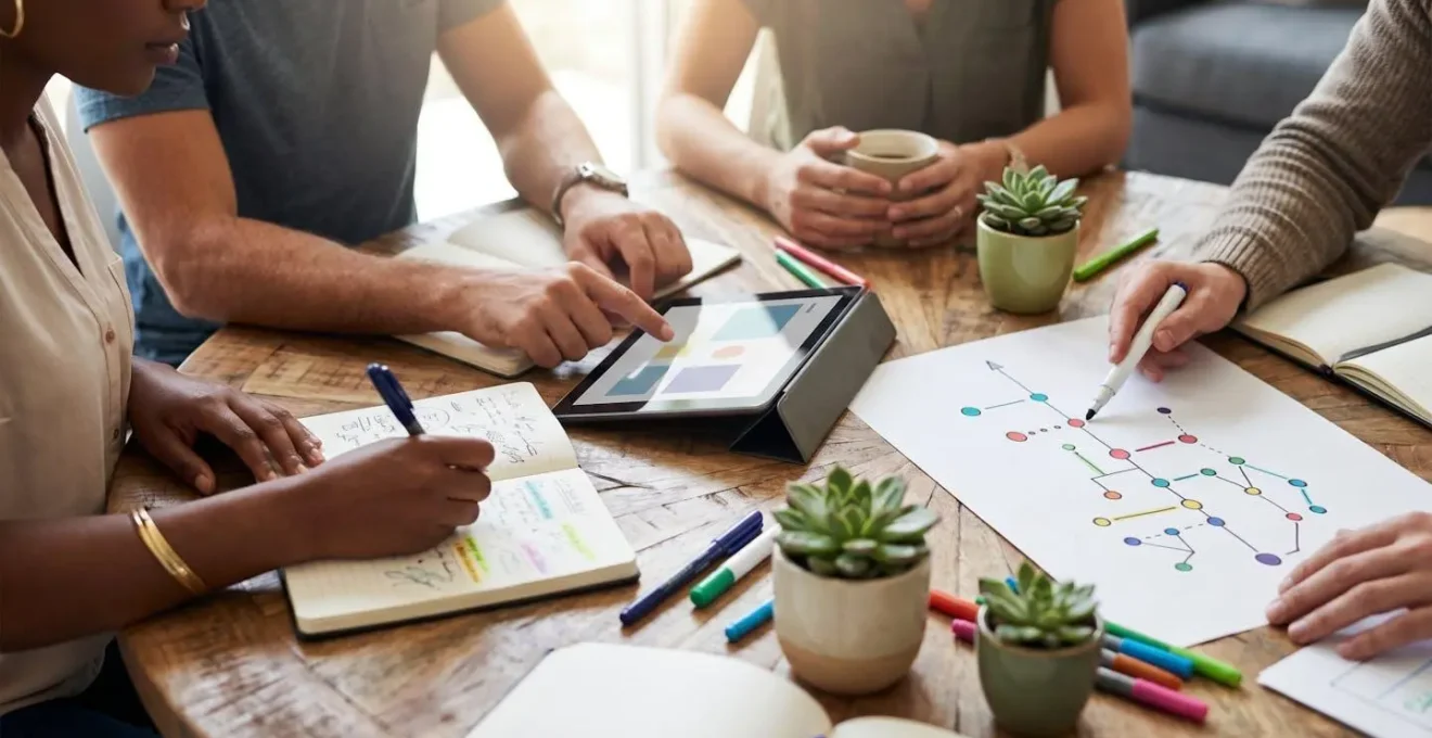 Vista dall'alto di una scrivania con calendario, dispositivi digitali e piante verdi che simboleggiano la crescita continua dell'apprendimento