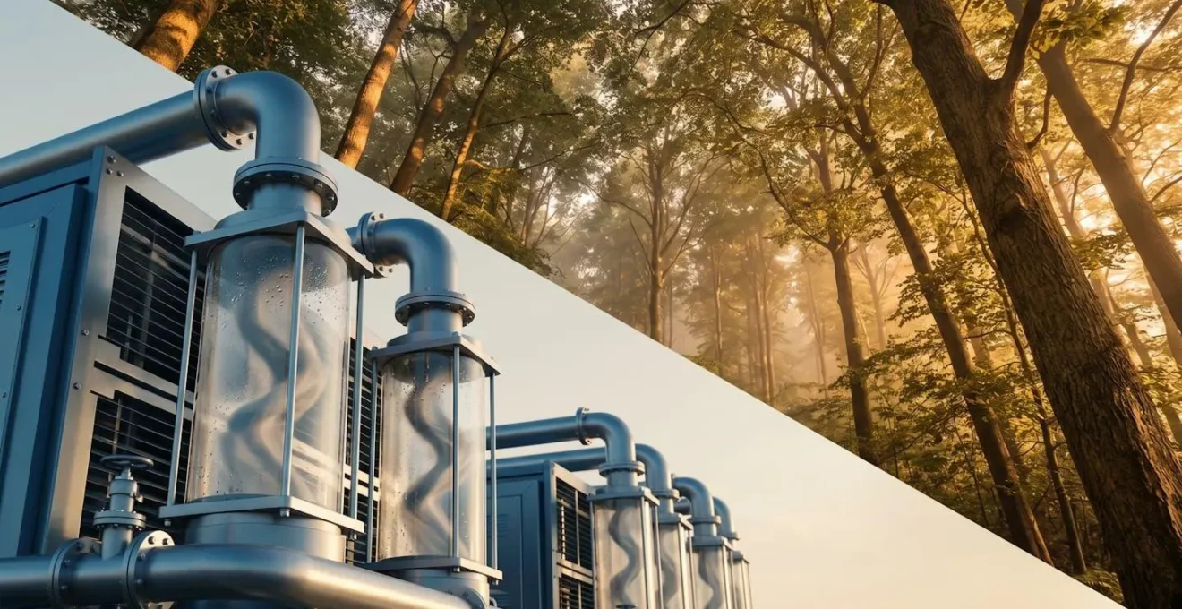 Confronto visivo tra cattura del carbonio alla fonte e riforestazione per compensazione emissioni