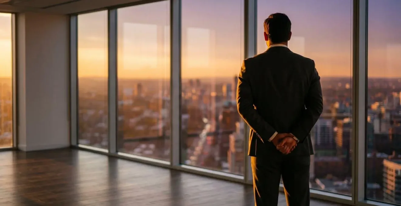 CEO in momento di riflessione davanti a una parete di vetro con vista città, simboleggiando decisioni strategiche