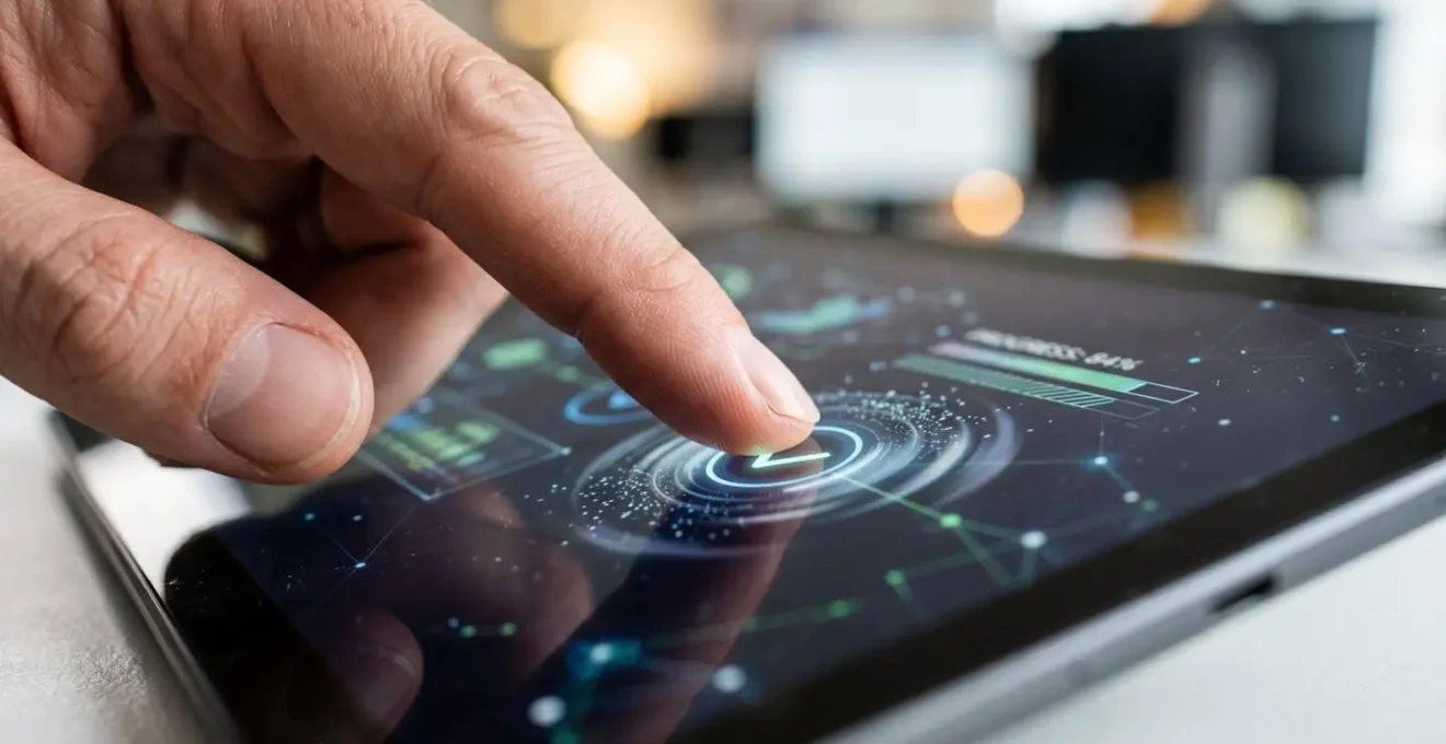 Vista macro di una checklist digitale interattiva su tablet con elementi di gamification e progressi visuali