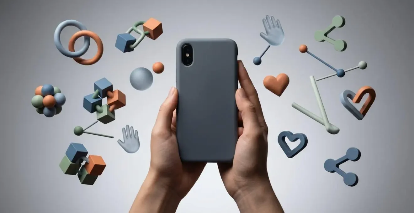 Mani che tengono uno smartphone mostrando il dorso, con elementi grafici astratti che suggeriscono condivisione e connessione sociale