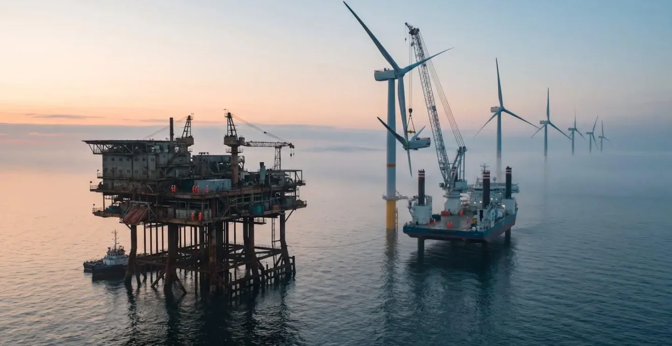 Confronto visivo tra piattaforma petrolifera e parco eolico offshore mostrando le competenze trasferibili