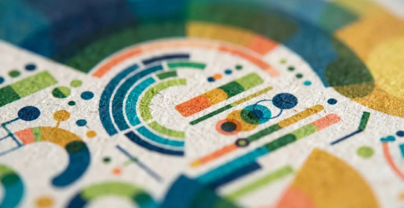 Vista macro di schermo con grafici di progresso formativo colorati e astratti