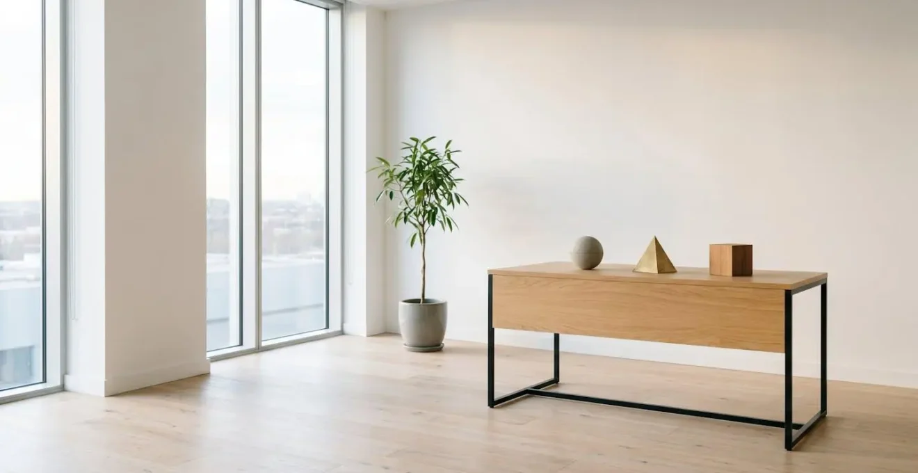 Composizione minimalista di elementi geometrici con ampio spazio negativo in ambiente ufficio moderno