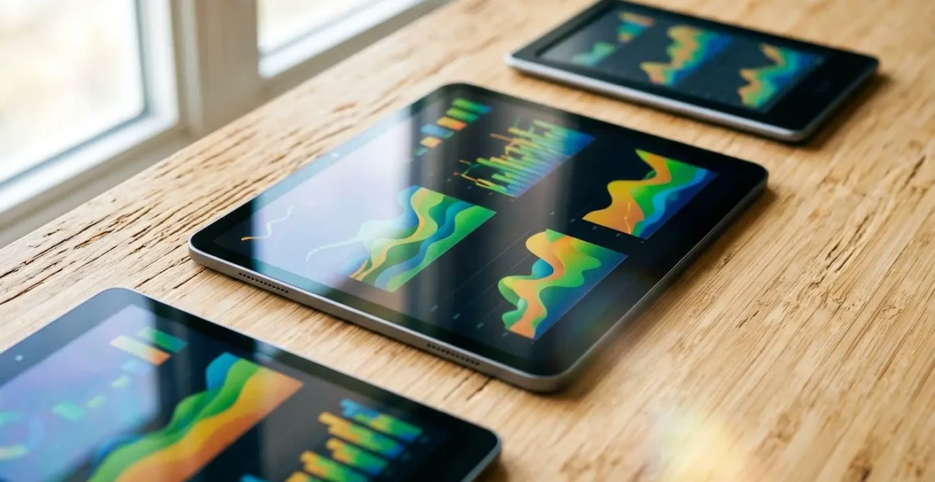 Tablet e dispositivi digitali con documenti interattivi su scrivania minimalista in bambù