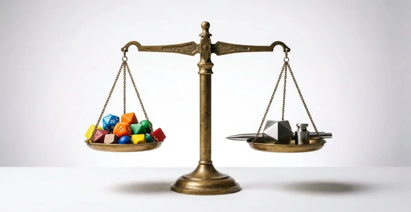 Bilancia in equilibrio tra elementi di gioco colorati e strumenti di lavoro professionali