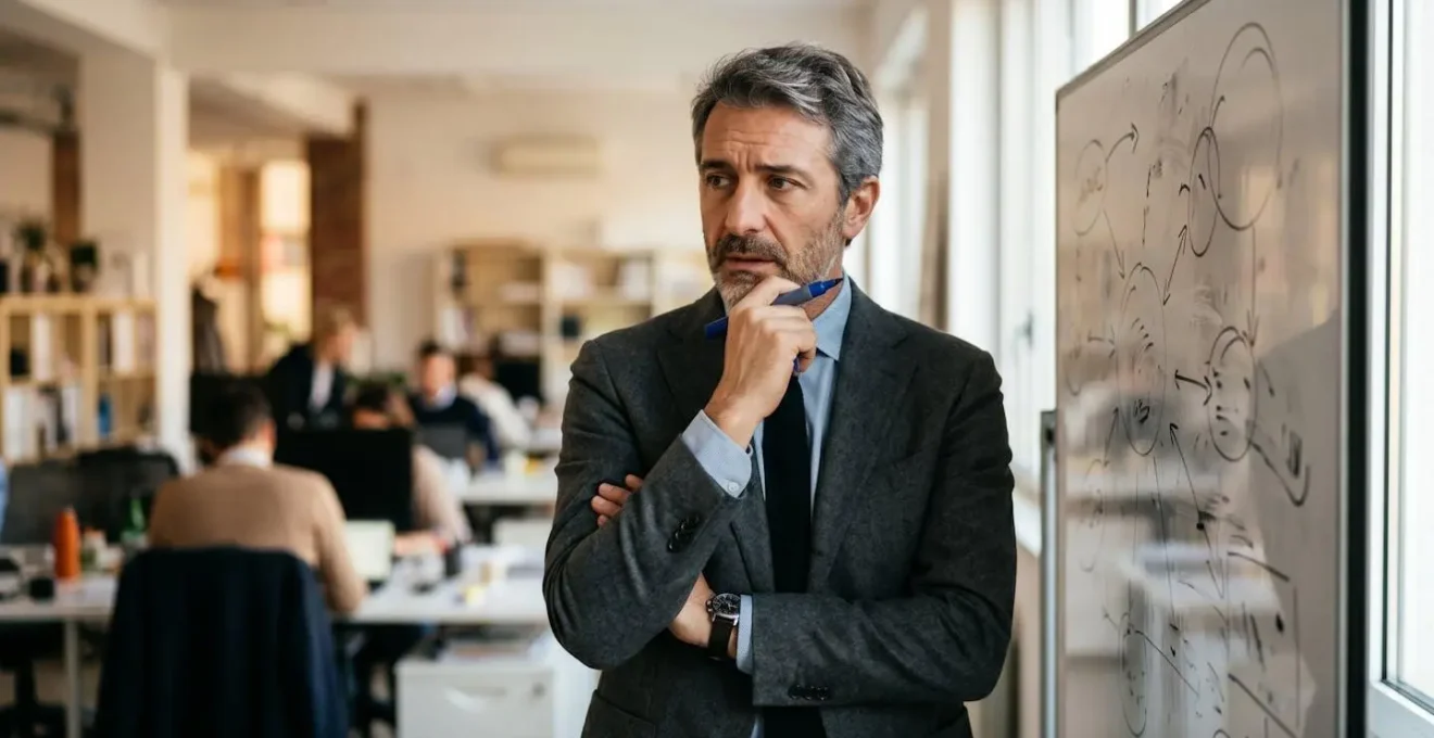 Manager che riflette davanti a una lavagna con schemi di formazione cancellati