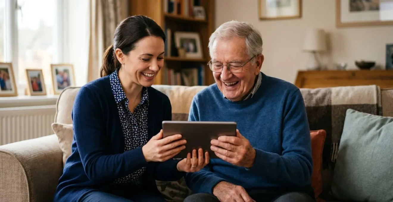 Facilitatore digitale che assiste paziente anziano con tecnologia semplificata