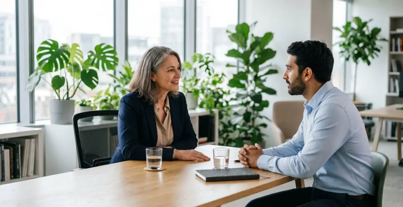 Manager e collaboratore in conversazione privata in un ufficio luminoso con piante