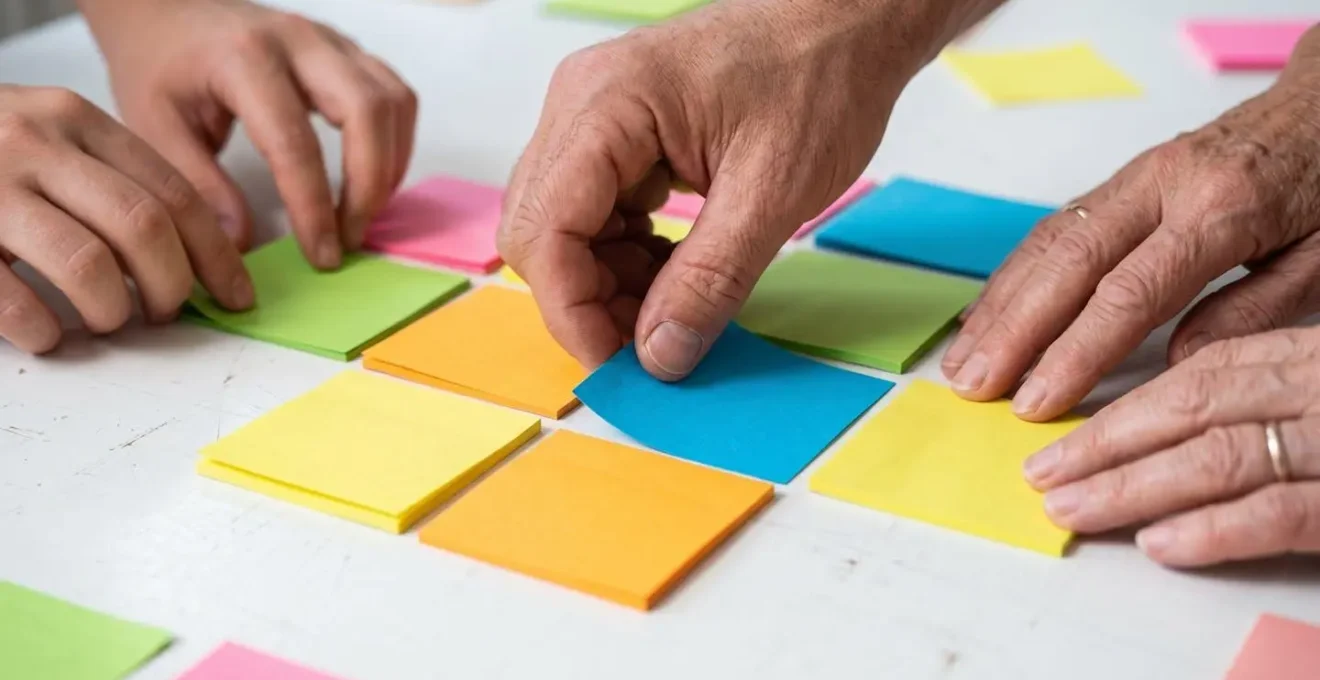 Mani di diversi dipendenti che sistemano post-it colorati su una grande lavagna per mappare i flussi di lavoro