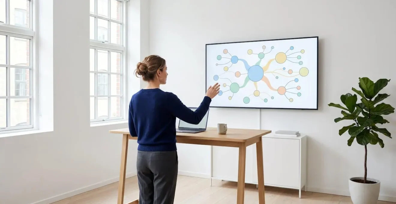 Ambiente di lavoro minimalista con professionista che crea mappe mentali digitali