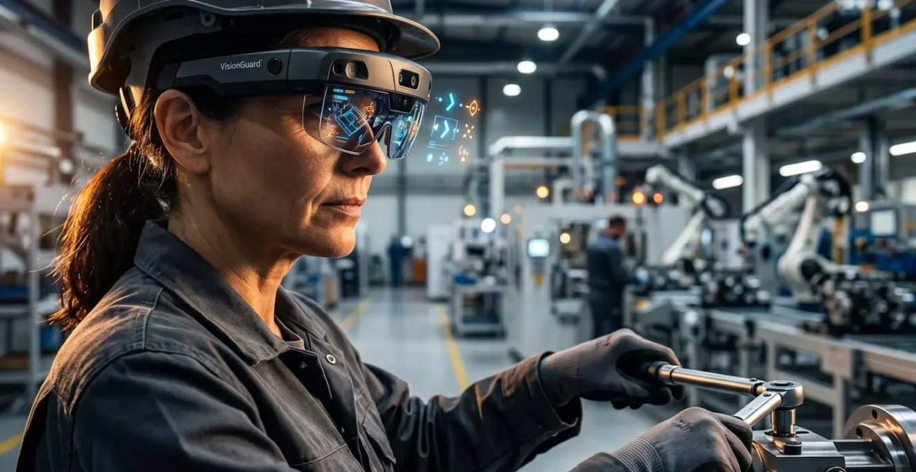 Operatore con occhiali AR verifica assemblaggio in ambiente industriale high-tech