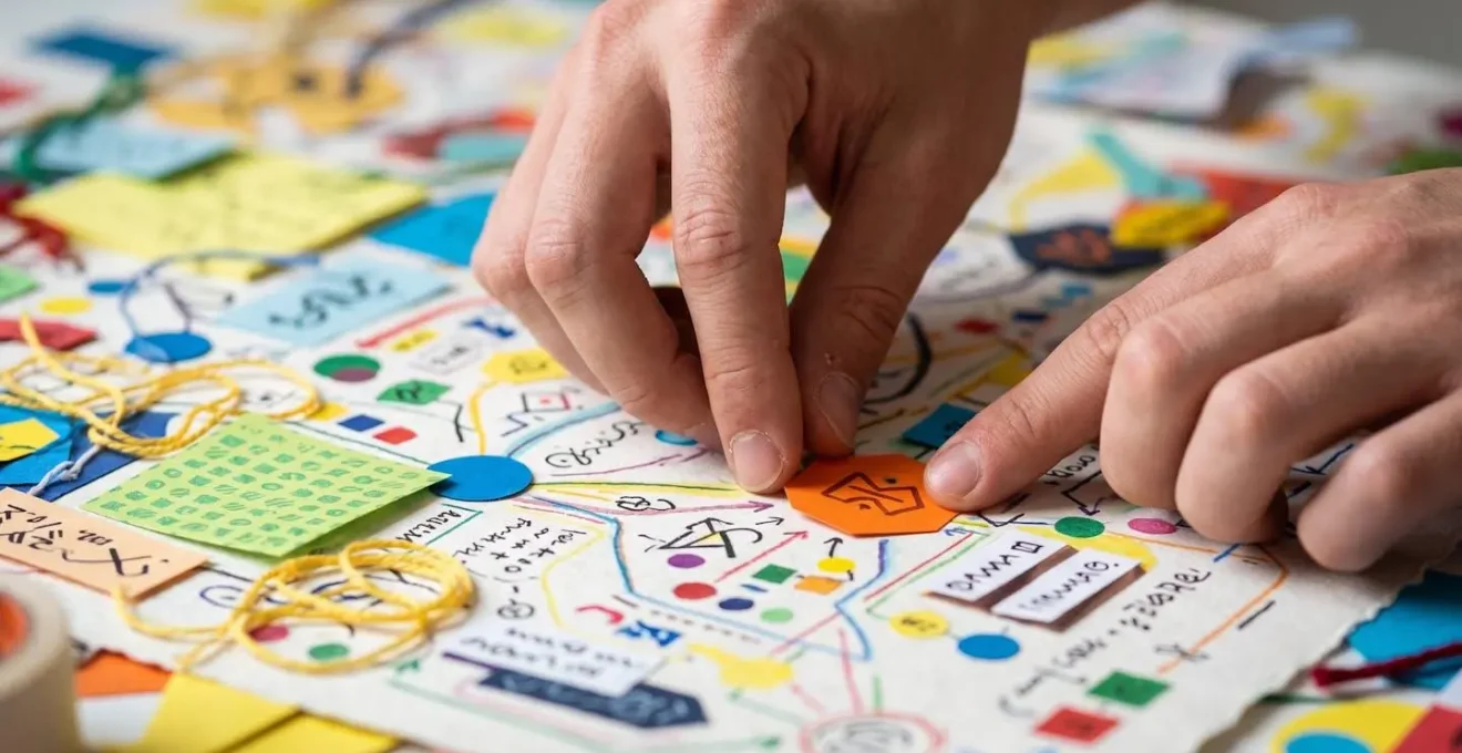 Mani di studente che creano una mappa visuale colorata dei propri talenti e interessi