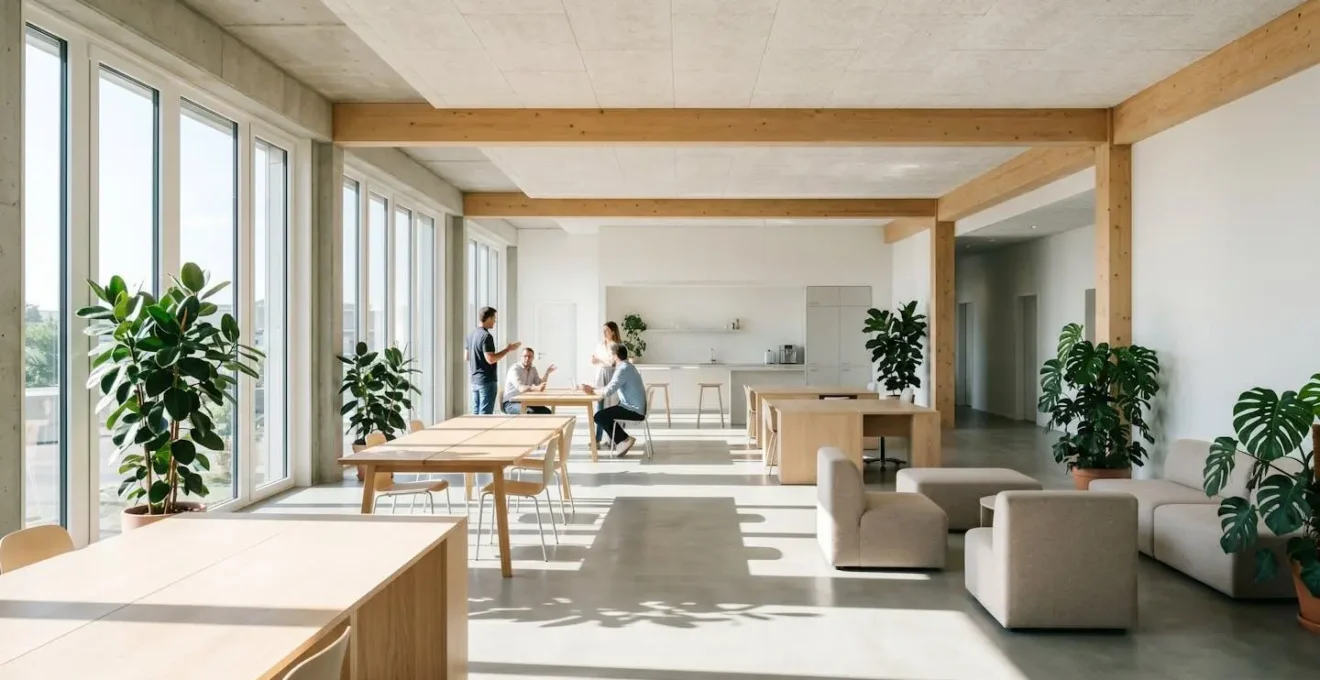 Vista panoramica di ufficio startup moderno con spazi aperti e luminosi