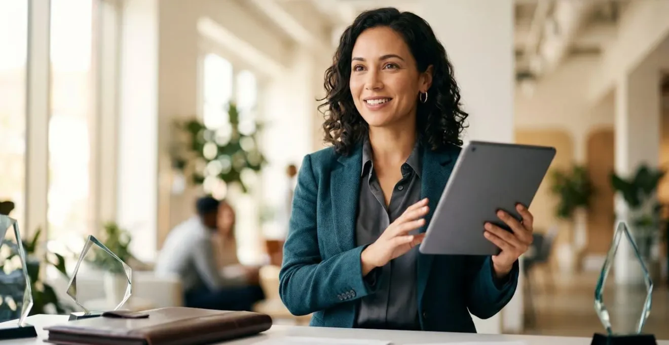 Professionista che presenta portfolio di progetti su tablet in ambiente lavorativo