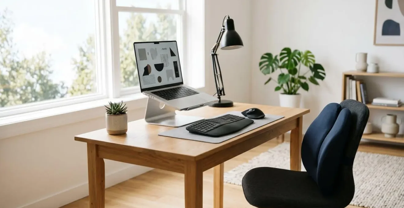 Postazione di lavoro domestica ergonomica con supporto laptop e accessori essenziali