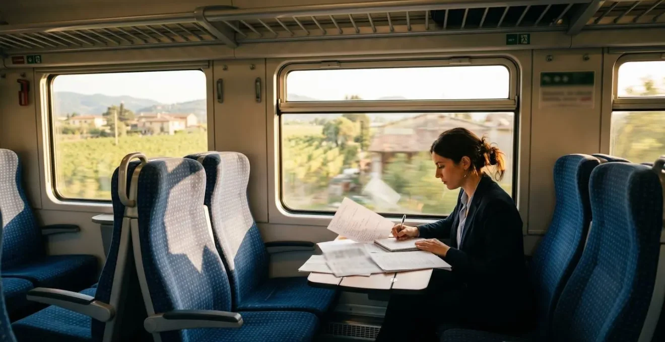 Pendolare italiano che studia per certificazione PMP sul treno regionale