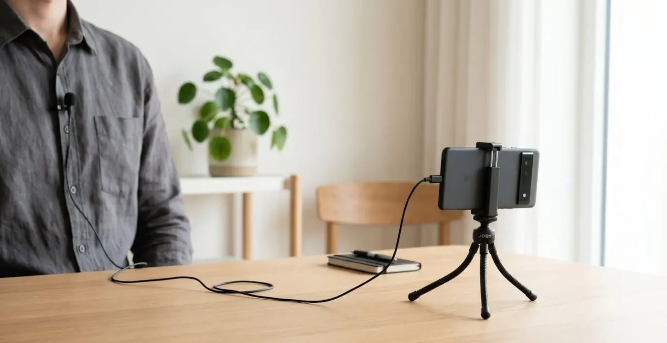 Setup minimalista per registrazione video con smartphone su treppiede e microfono lavalier