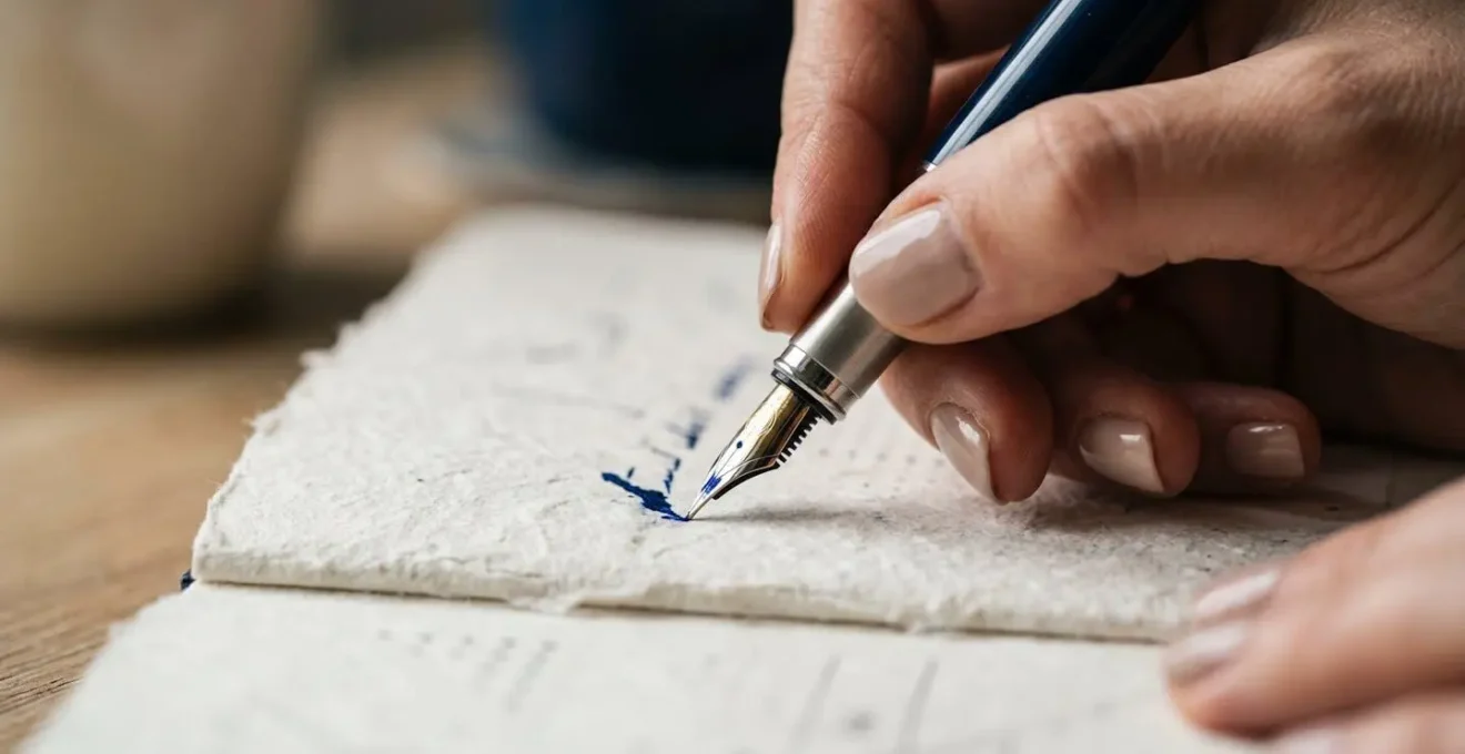 Primo piano di mani che scrivono su taccuino con struttura visiva di comunicazione sintetica