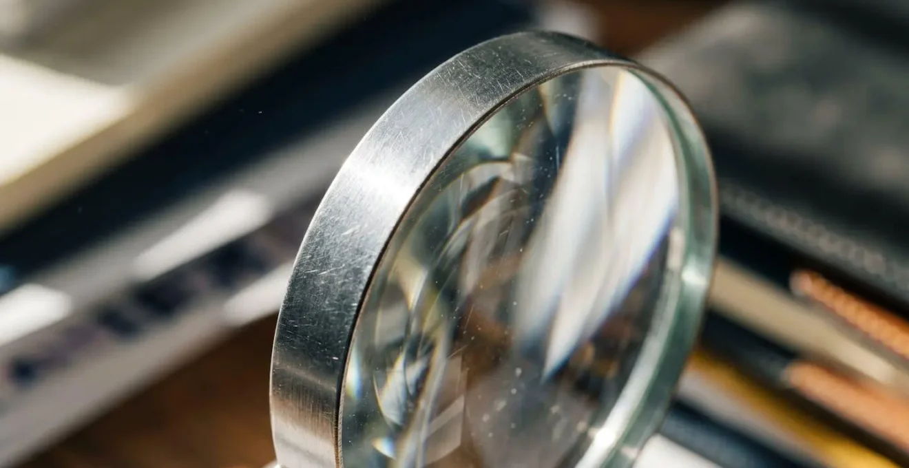 Dettaglio macro di una lente di ingrandimento su documenti aziendali sfocati