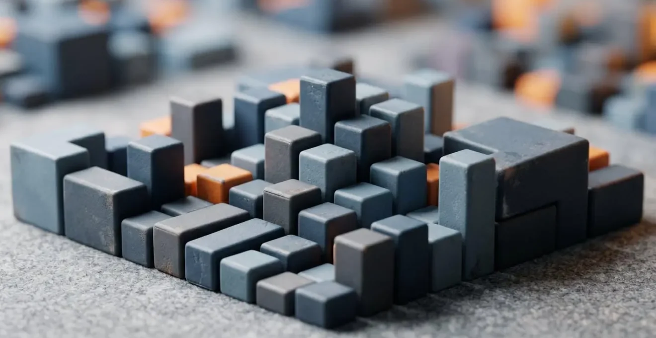 Vista macro di elementi modulari colorati che formano un pattern coerente e organizzato