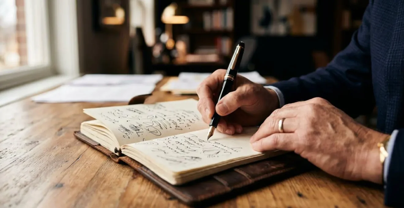 Professionista che scrive note strategiche a mano su taccuino elegante