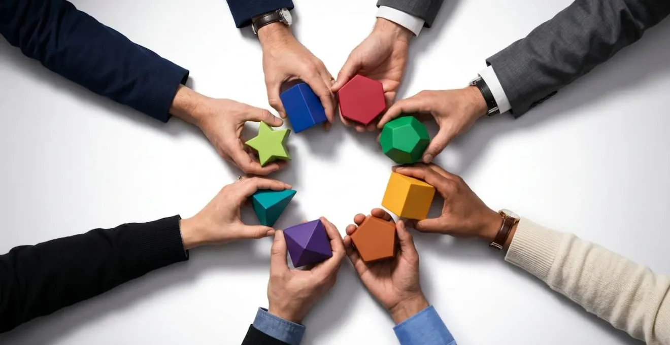 Team aziendale che celebra insieme risultati formativi con badge virtuali su schermo