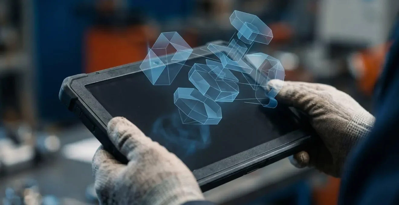 Vista macro di mani che tengono un tablet industriale con ologrammi 3D sovrapposti che mostrano istruzioni di assemblaggio passo-passo