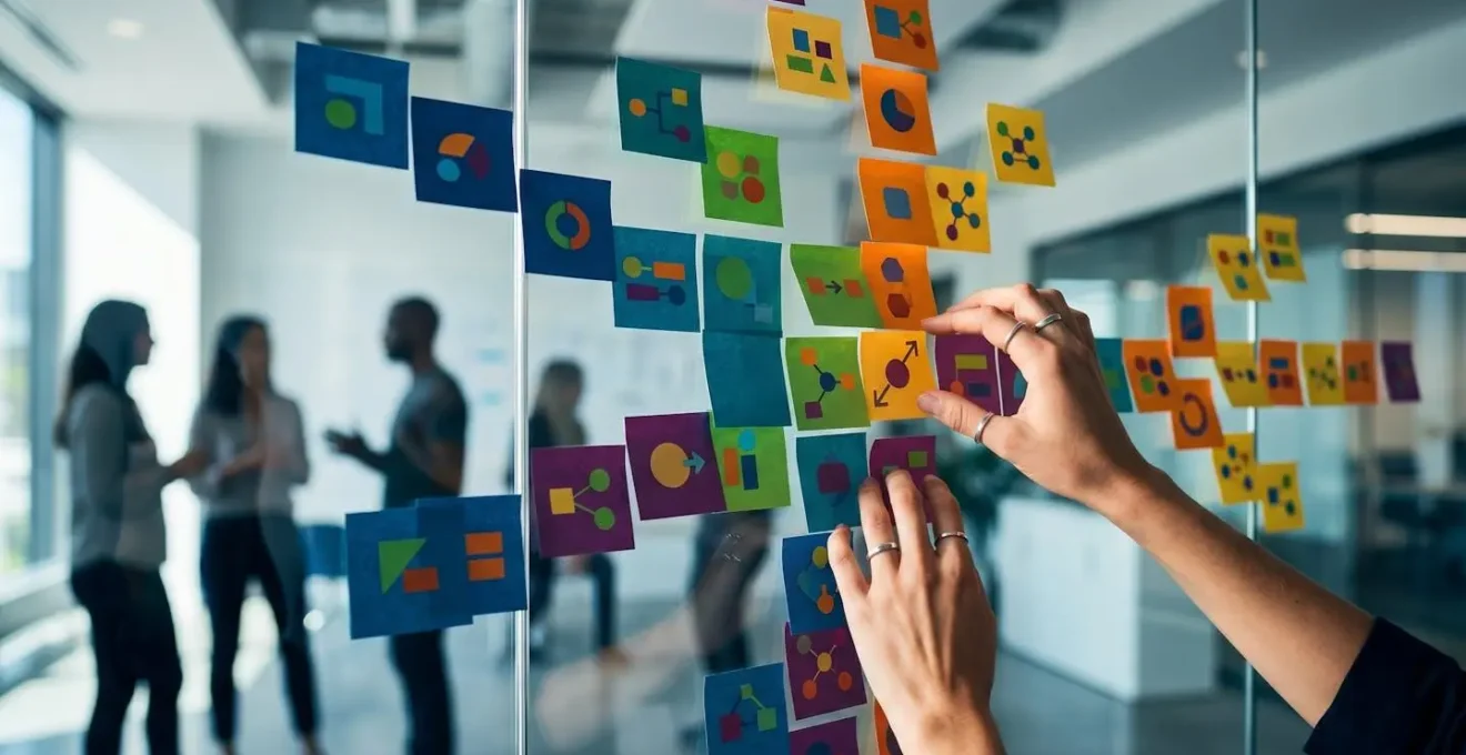 Team che analizza dati qualitativi e quantitativi su grande schermo con post-it colorati