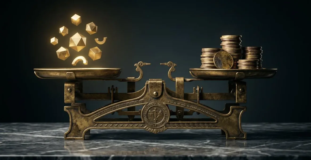 Metafora visiva del valore del brand con bilancia d'oro e elementi astratti