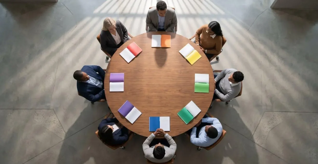 Team diversificato in cerchio durante sessione di valutazione collaborativa