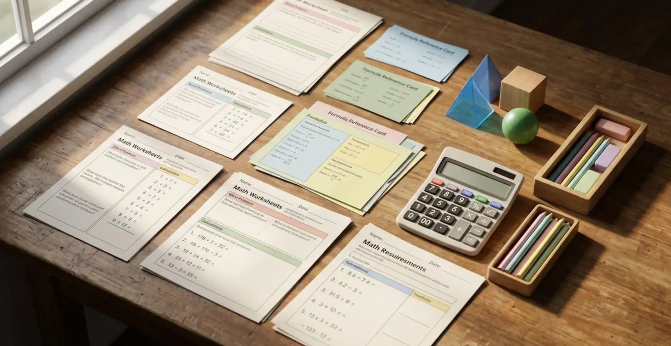 Tavolo con prove matematiche modificate, calcolatrice, tabelle e schemi colorati per supporto visivo